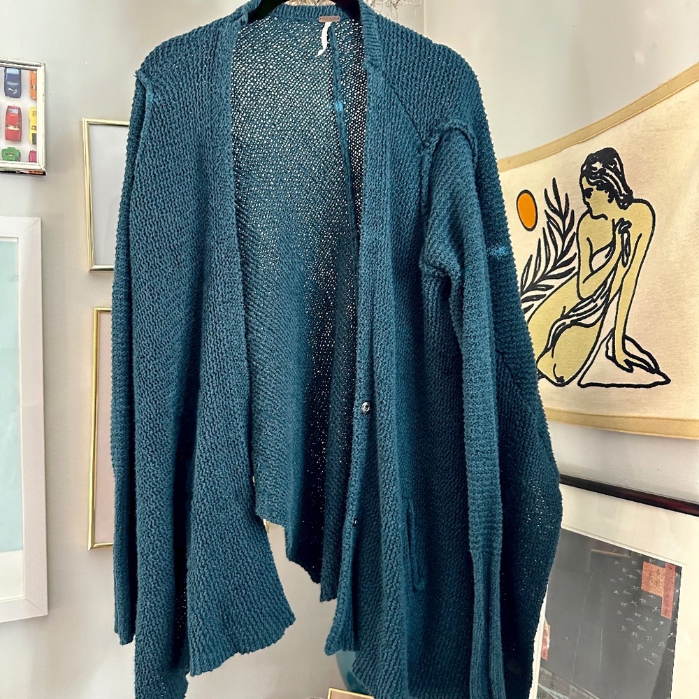 Free People Navy Shark Bite Knit Cardigan - Size S - Picture 3 of 10